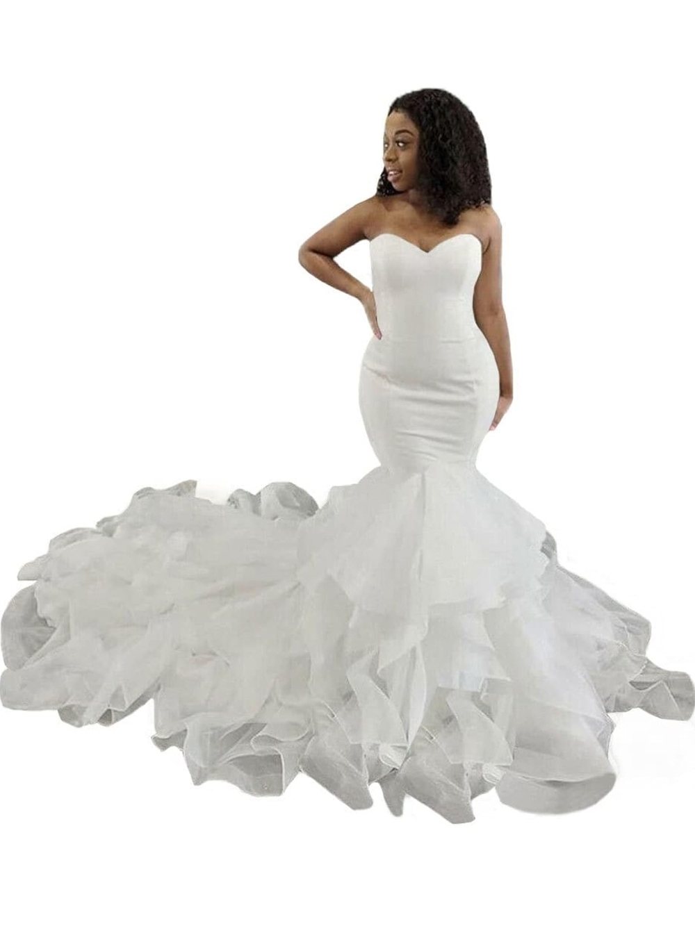 Strapless White Mermaid Gown with Dramatic Ruffled Train